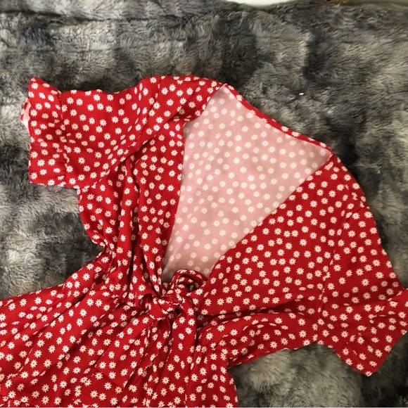 RED WHITE FLORAL FRONT BOW RUFFLES MINI SUMMER SUN DRESS - Picture 7 of 9